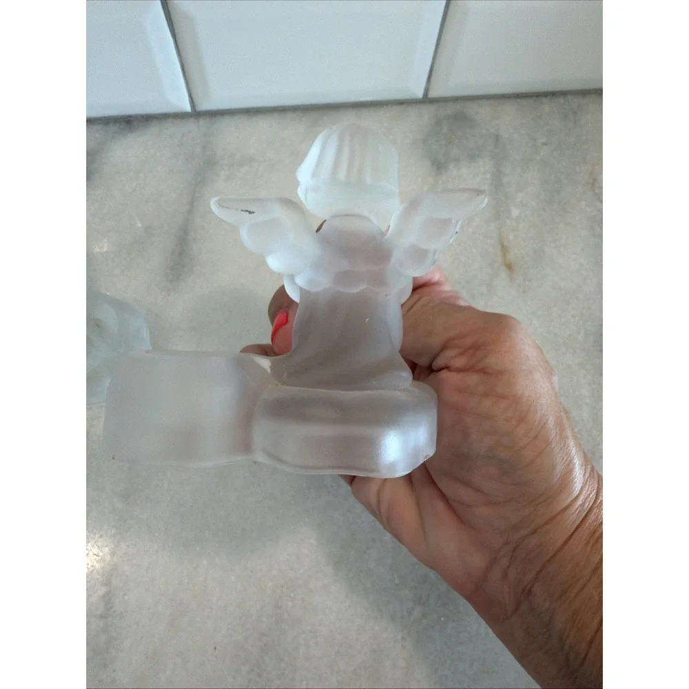 Set Of 2 Vintage 1995 MJ Hummel Frosted Crystal Glass Candle Holder Angel Avon 2
